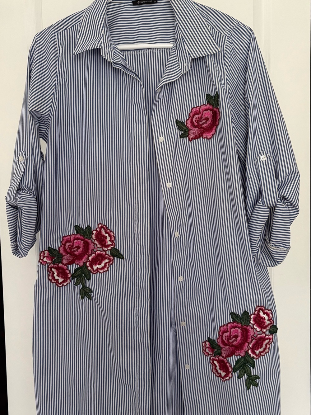 Striped Blue & White Floral Embroidered Shirt Dress